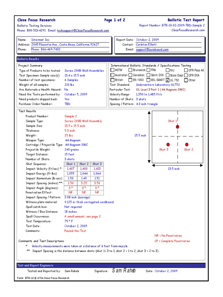 Close Focus Research Page 1 of 2 Ballistic Test Report: Sam Raheb | PDF ...