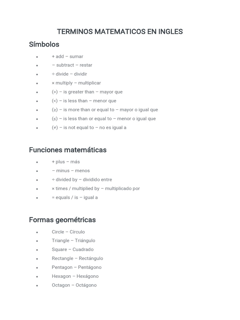 Sumar Restar Multiplicar Y Dividir En Inglés Terminos Matematicos en Ingles | PDF
