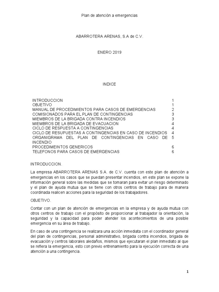 Plan de Emergencias en Abarrotera Arenas | PDF | Bombero | Defensa Civil