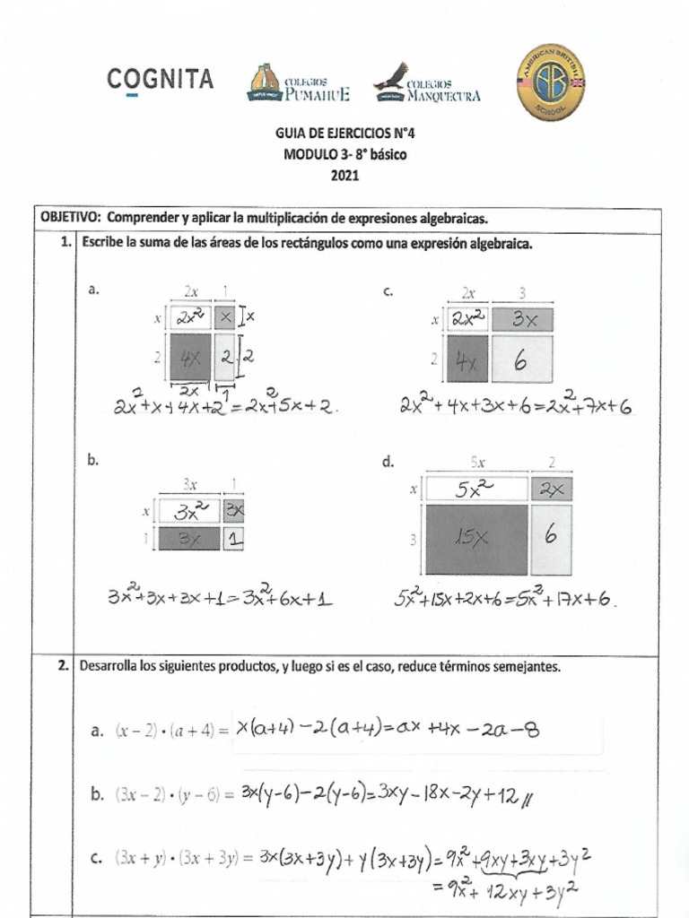 Solucionario Guía N°4 Multiplicacion de Expresiones Algebraicas 2 | PDF