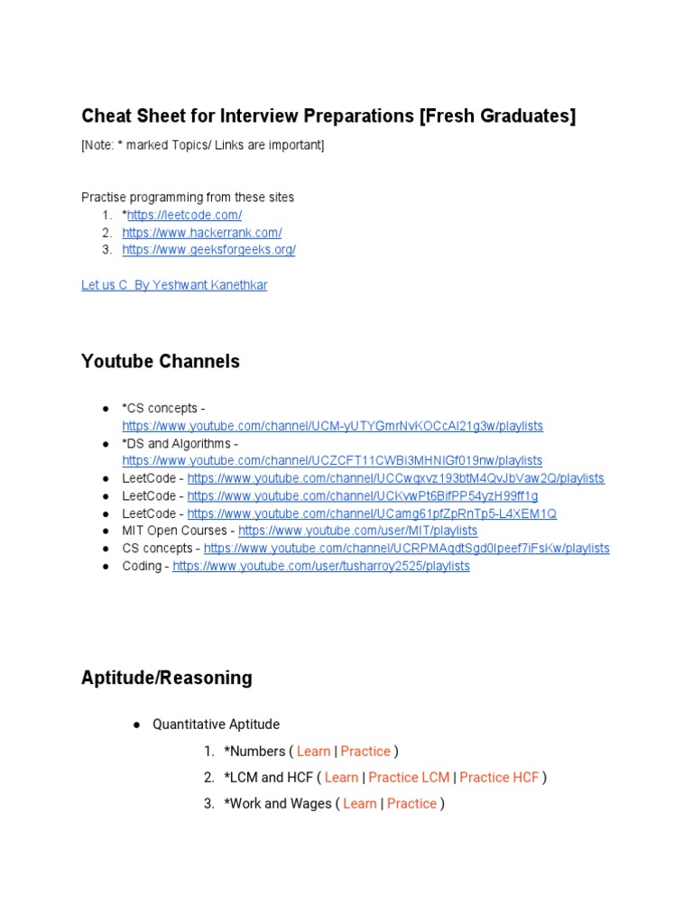 Cheat Sheet For Interview Preparations (Fresh Graduates) : (Note ...