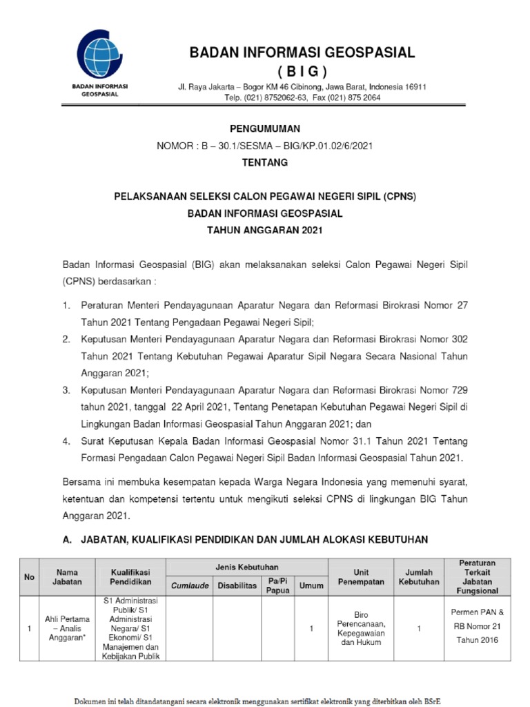 Badan Informasi Geospasial - Pengumuman CPNS 2021 | PDF