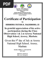 Certificate of Participation: Given This 9 Day of July at Aroroy National High School, Aroroy, Masbate