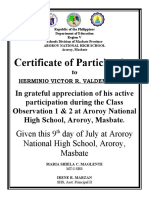 Certificate of Participation: Given This 9 Day of July at Aroroy National High School, Aroroy, Masbate