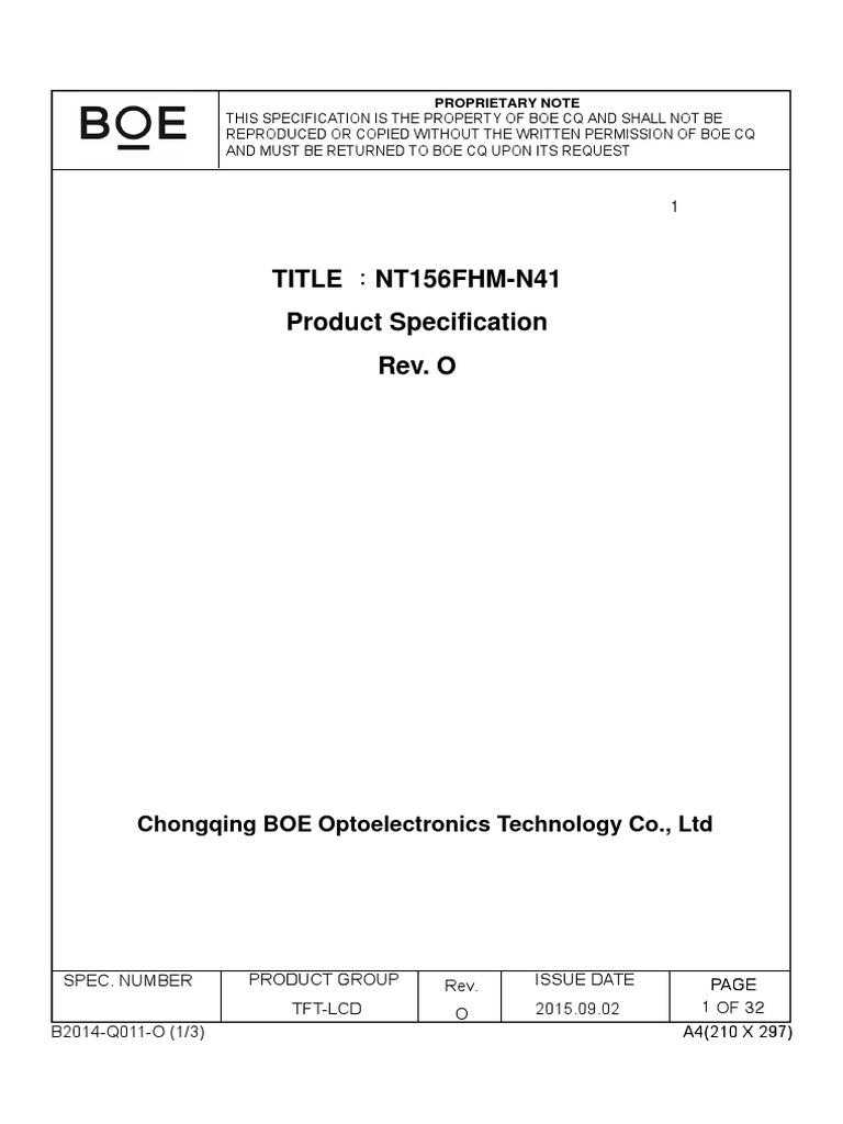 TITLE NT156FHMN41 Product Specification Rev. O Chongqing BOE