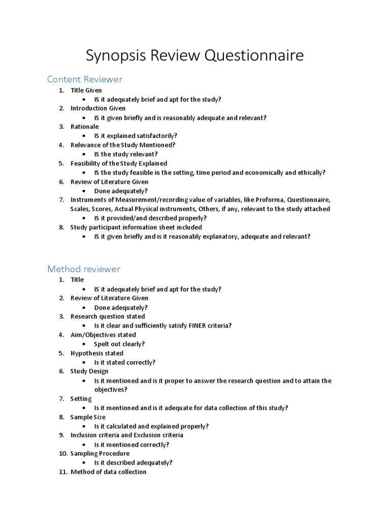 Synopsis Review Questionnaire: Content Reviewer | PDF | Career & Growth ...