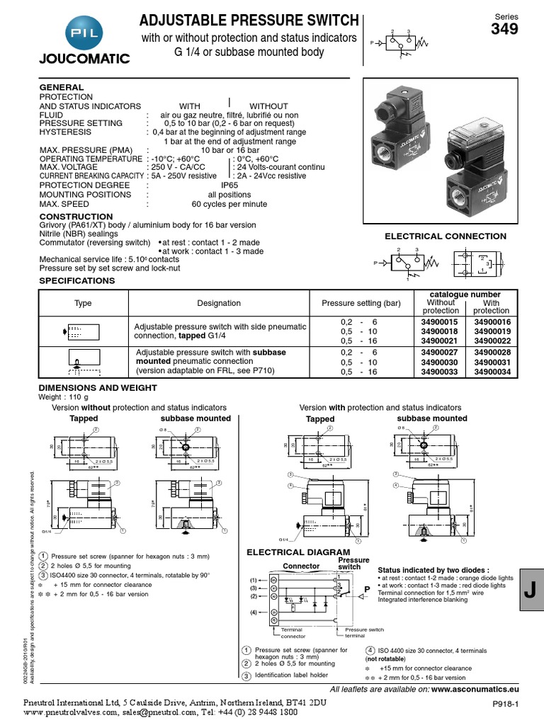 Series 349 Adjustable Pressure Switch PDF Switch