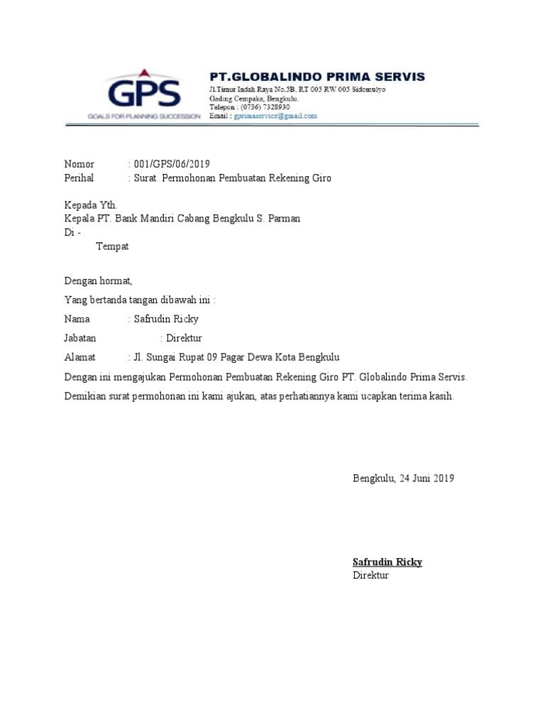 Surat Permohonan Pembuatan Rekening Giro | PDF