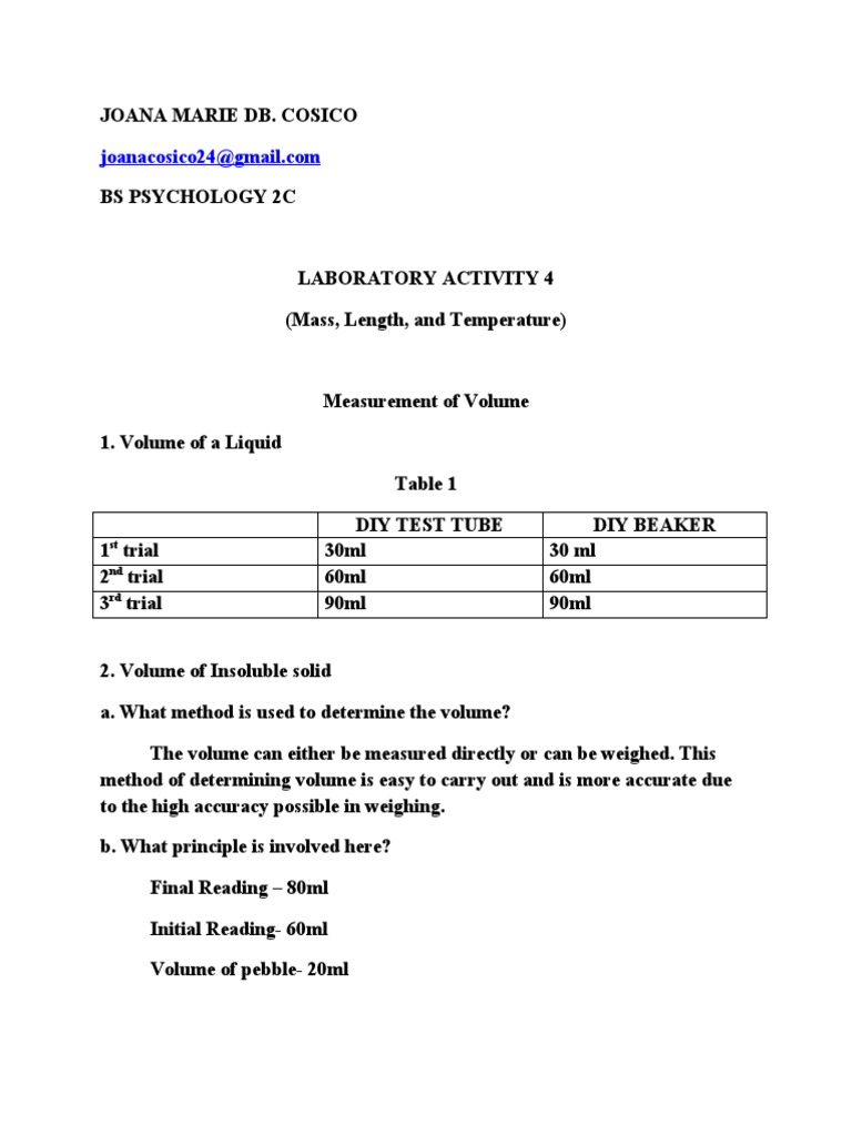 Volume and Temperature Measurement Lab | PDF