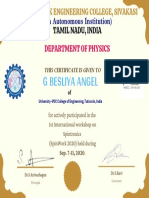 MEPCO SCHLENK ENGINEERING COLLEGE Workshop Certificate for G BESLIYA ANGEL