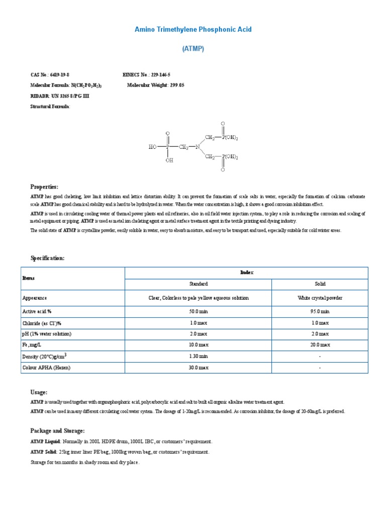 Amino Trimethylene Phosphonic Acid: (ATMP) | PDF | Amine | Corrosion