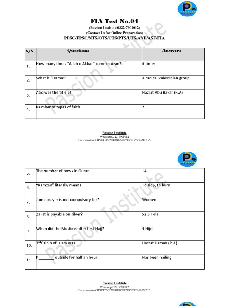 FIA Test No.04 Ppsc/Fpsc/Nts/Ots/Cts/Pts/Uts/Anf/Asf/Fia Questions