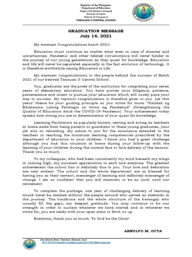 Graduation Message for Batch 2021 | PDF | Further Education