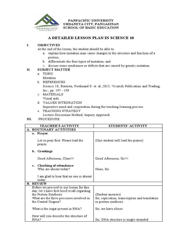 Lesson Plan (Mutation) PDF Point Mutation Dna