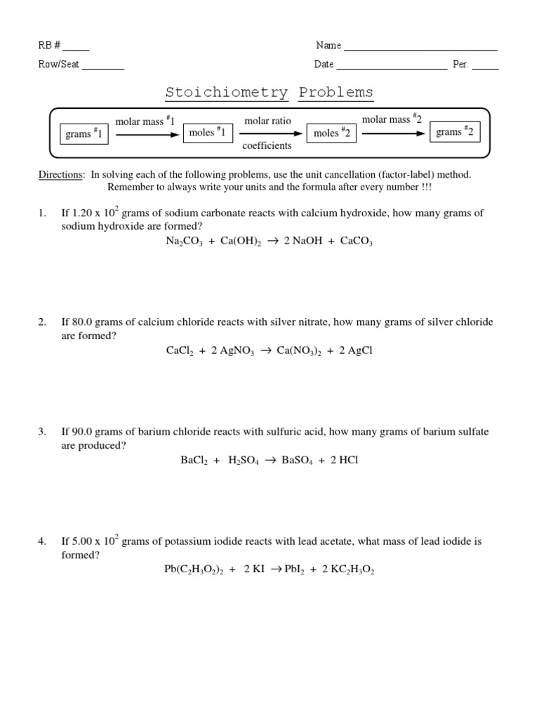 Stoichiometry Problems Worksheet with Molar Mass Calculations | PDF ...