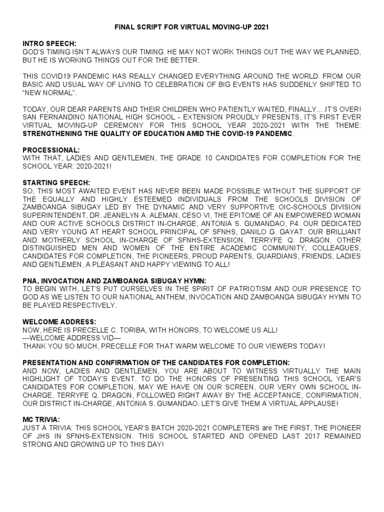 Final Script For Virtual Moving Up Pdf