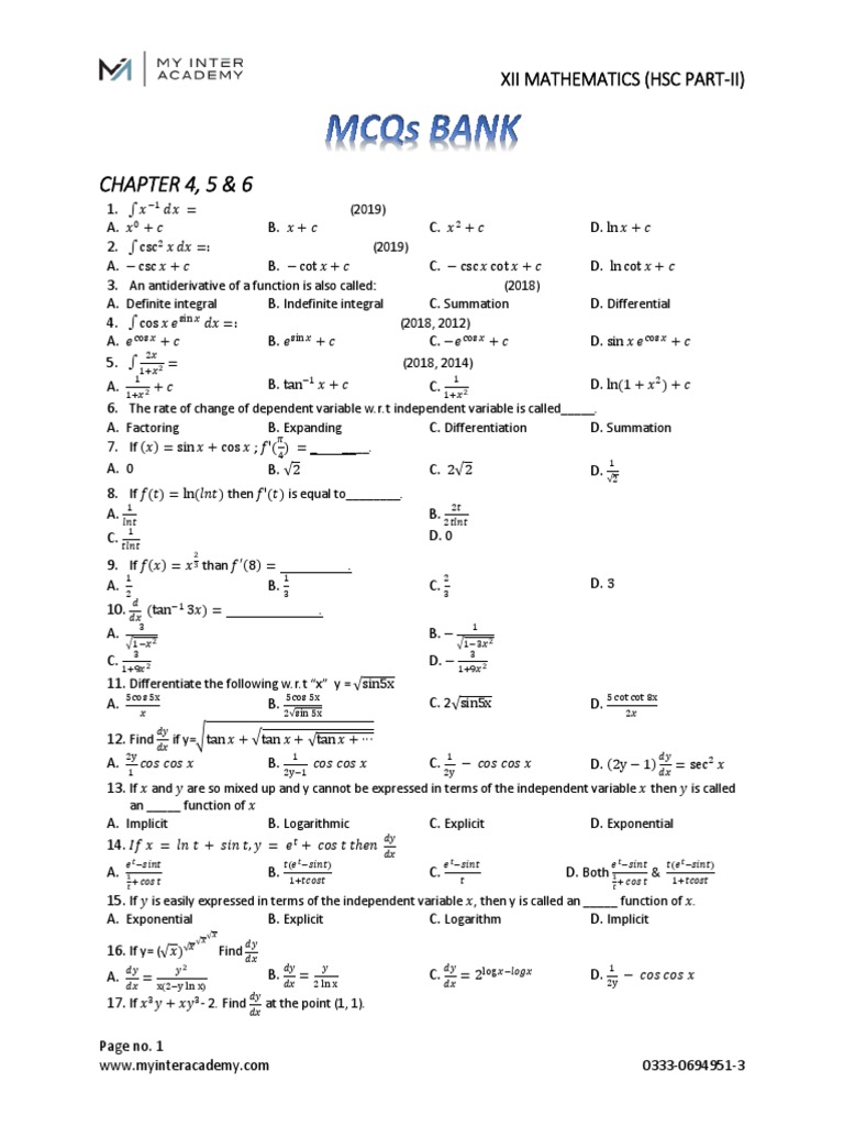 HSC Math Integration & Derivatives | PDF | Trigonometric Functions ...