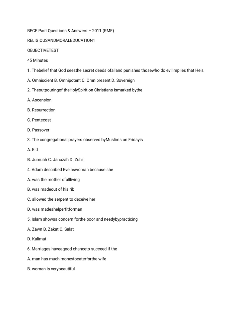 BECE 2011 RME Past Questions | PDF