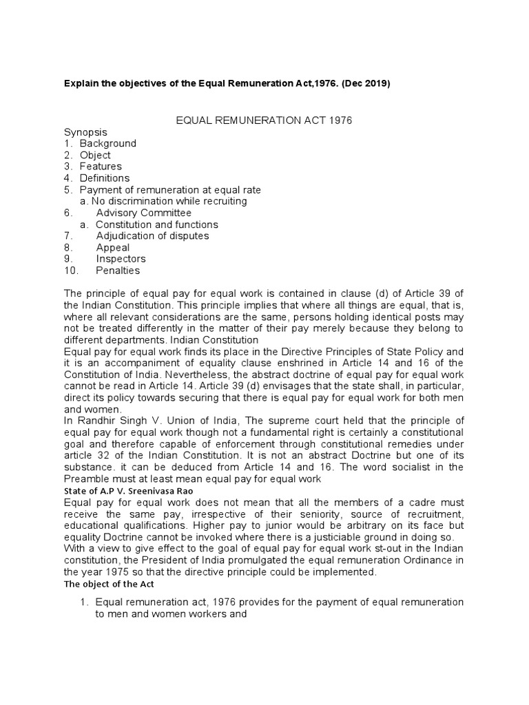 Objectives of the Equal Remuneration Act | PDF | Equal Pay For Equal ...
