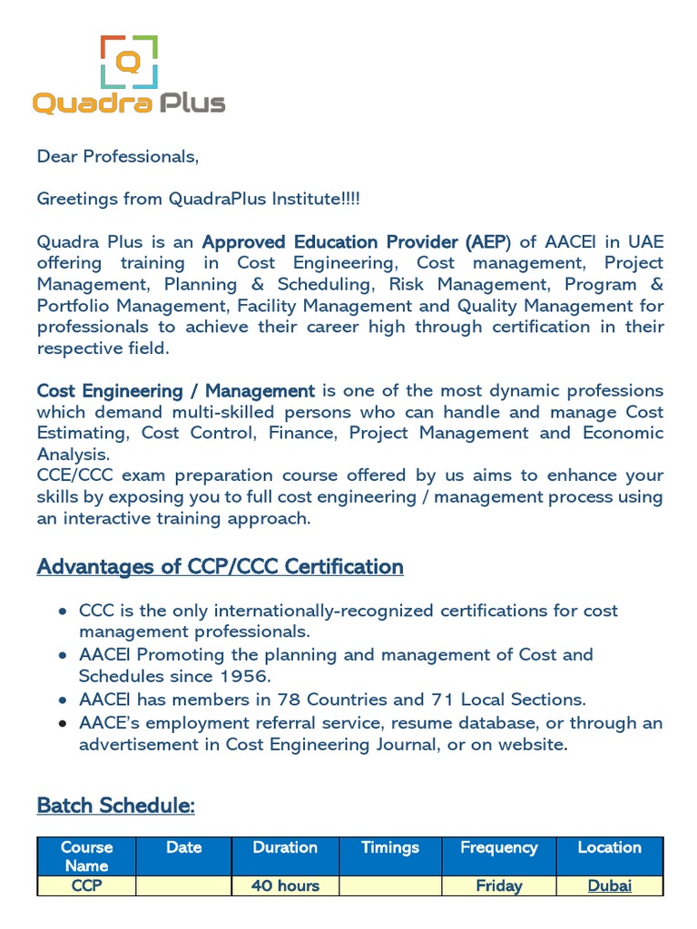 Cost Engineering Certification Course Offered by QuadraPlus Institute