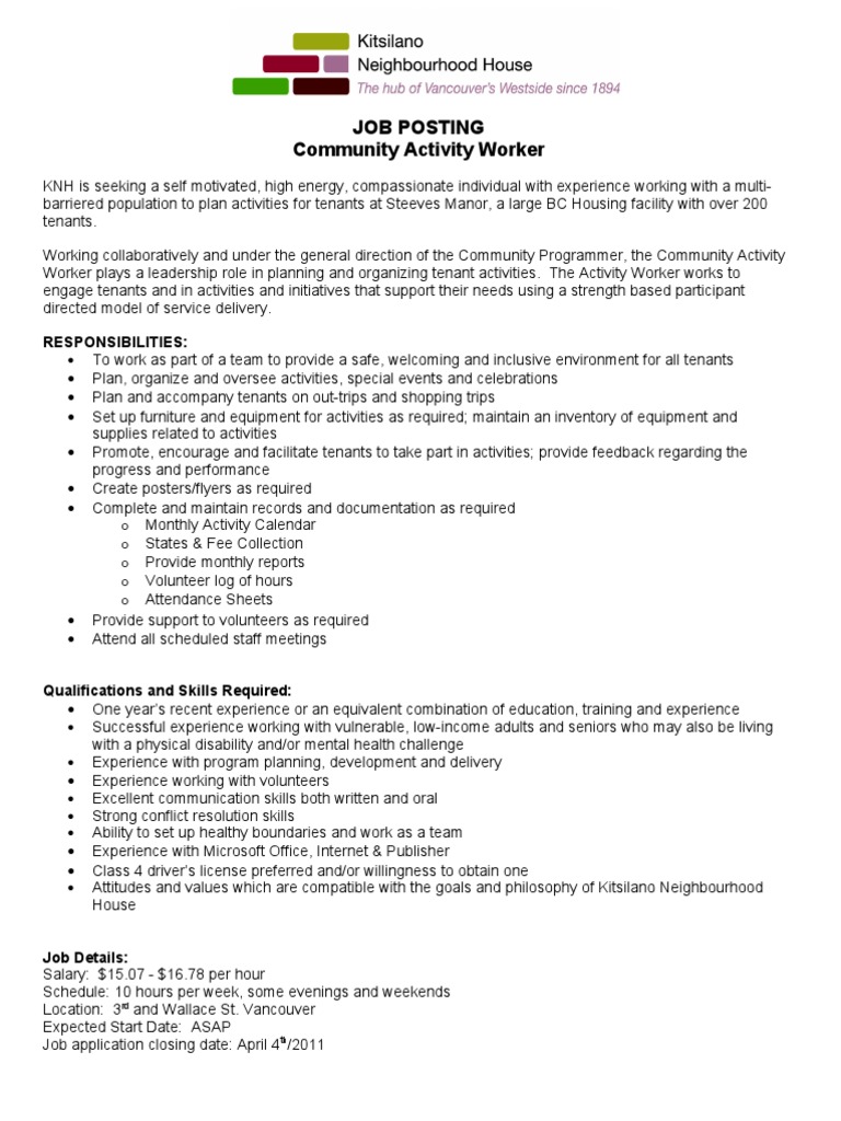Community Activity Worker Job Posting | PDF | Volunteering | Employment