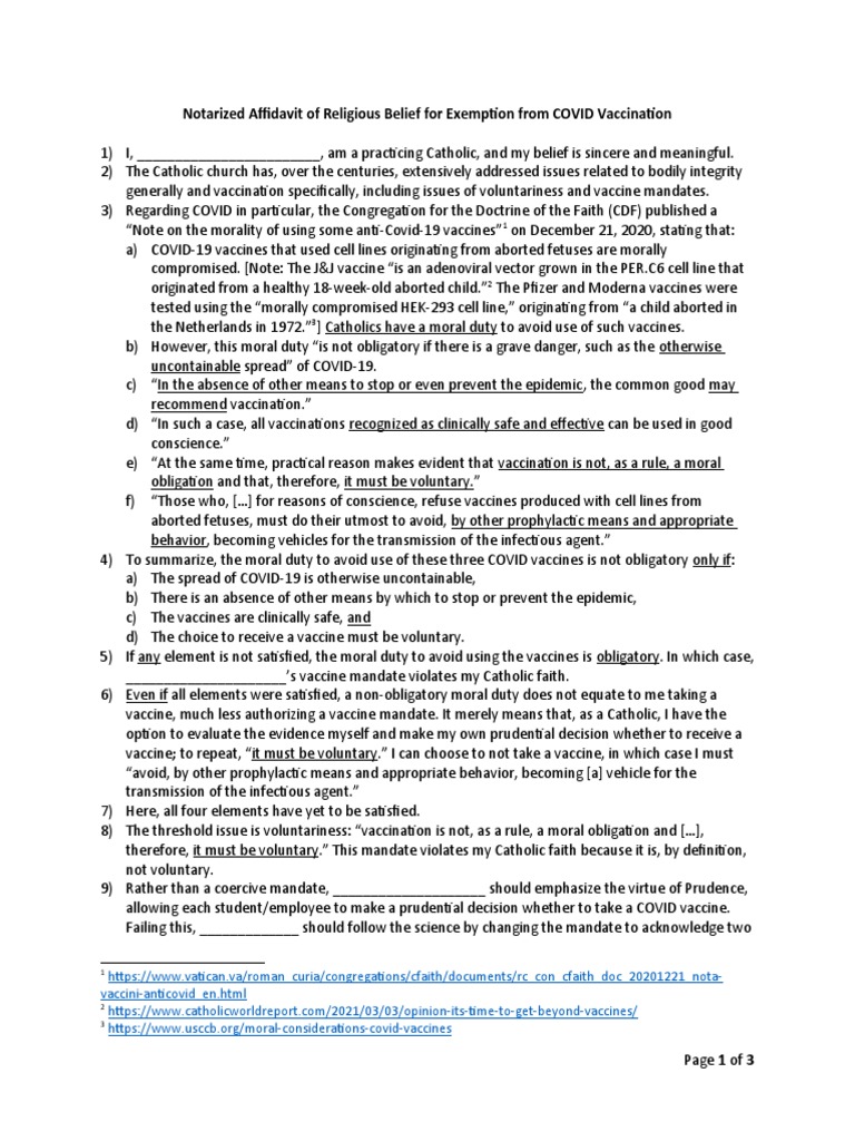 Notarized Affidavit of Religious Belief For Exemption From COVID ...