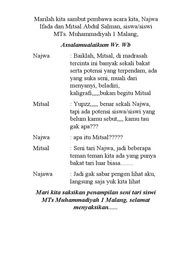 Teks MC Acara Non Formal Pensi MTs | PDF