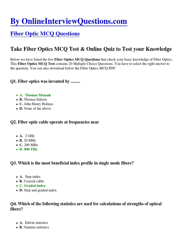 Fiber Optic MCQ Questions Take Fiber Optics MCQ Test & Online Quiz To