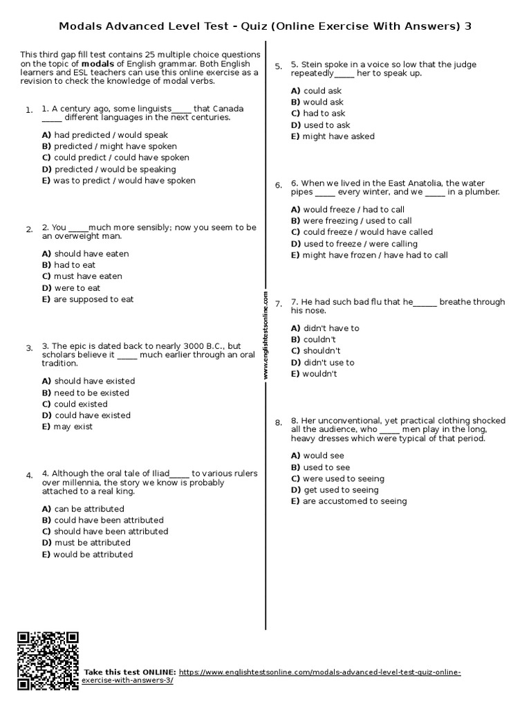 329 Modals Advanced Level Test Quiz Online Exercise With Answers 3 ...