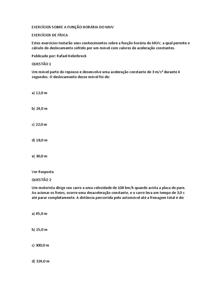 Exercícios Sobre A Função Horária Do Muv | PDF | Velocidade | Equações