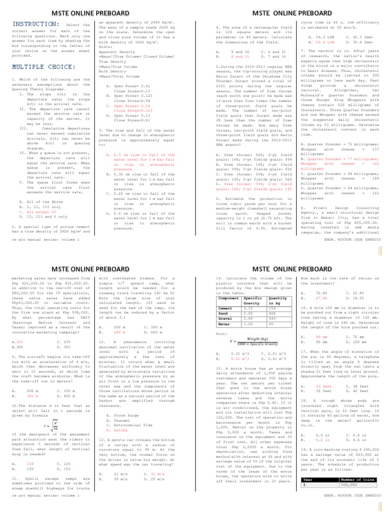MSTE Online Preboard Exam Review | PDF | Area | Density