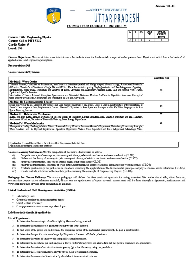 Engineering Physics Course Syllabus | PDF | Schrödinger Equation | Waves