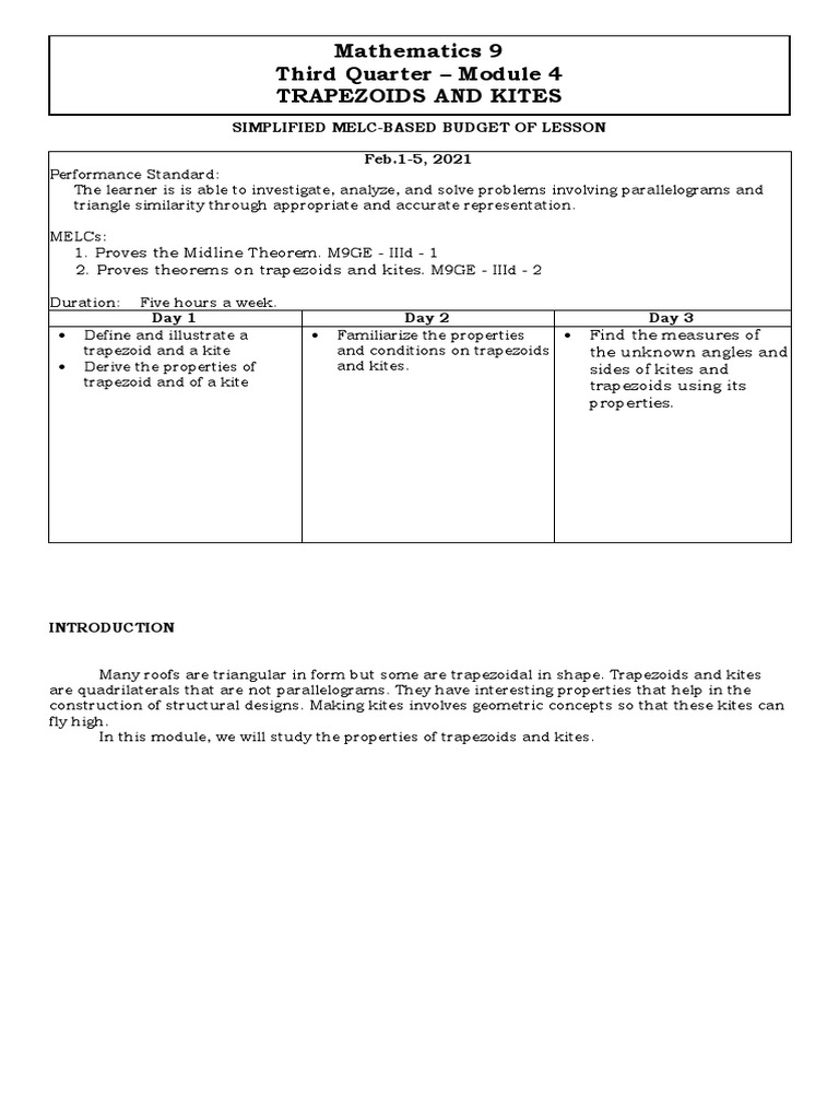 Mathematics 9 Third Quarter - Module 4 Trapezoids and Kites | PDF ...