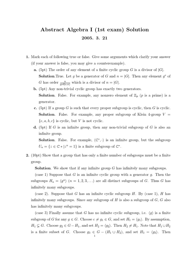 Abstract Algebra I Exam Solutions | PDF | Group (Mathematics) | Metric ...