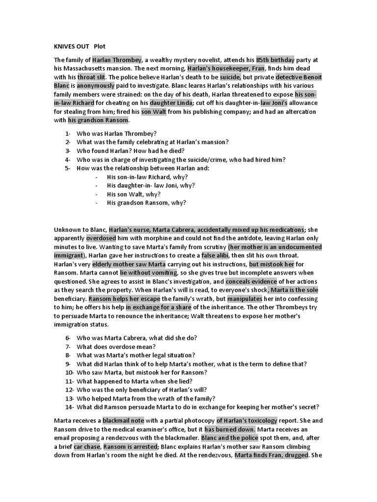 KNIVES OUT Plot M Questions1 PDF Violence