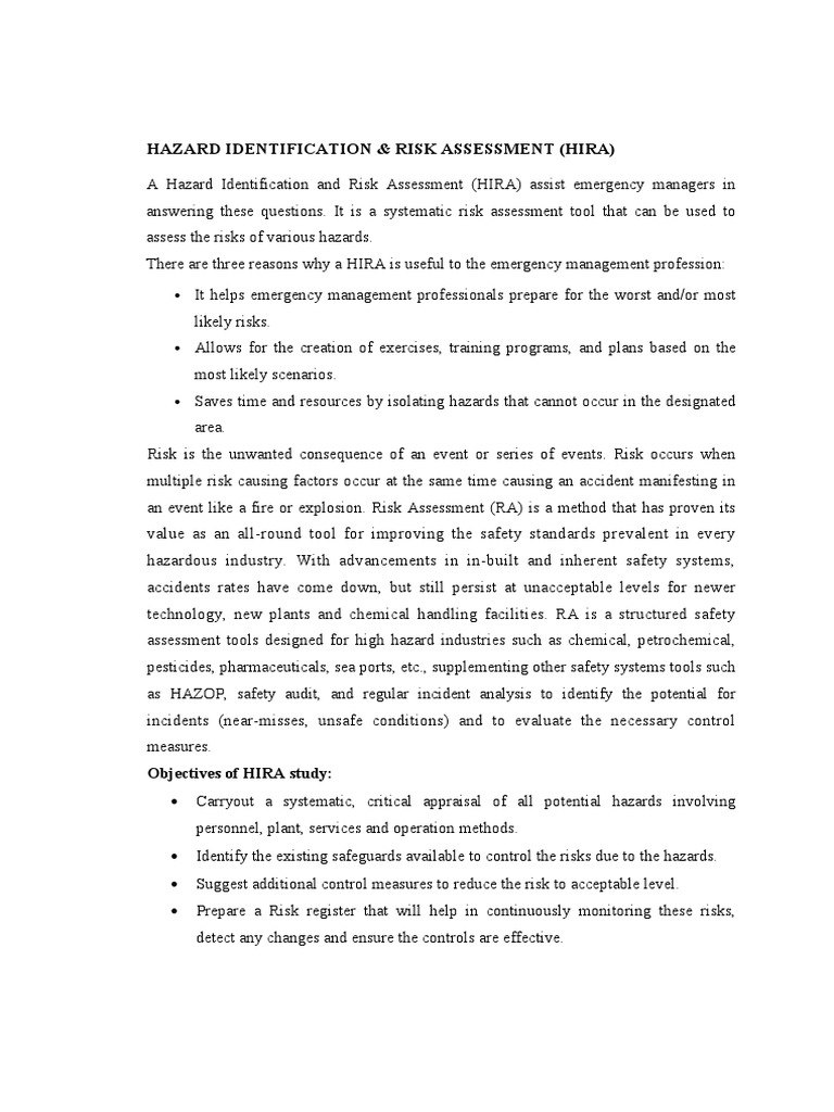 Hazard Identification & Risk Assessment (Hira) | PDF | Hazards | Risk