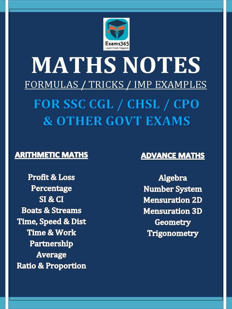 MATHS NOTES (Formulas, Tricks, Imp Examples) | PDF | Circle | Area
