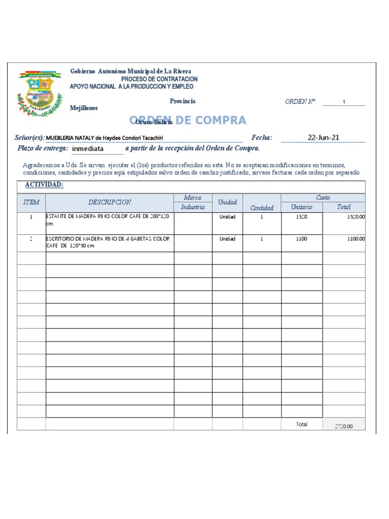1 Orden de Compra de Muebles | PDF