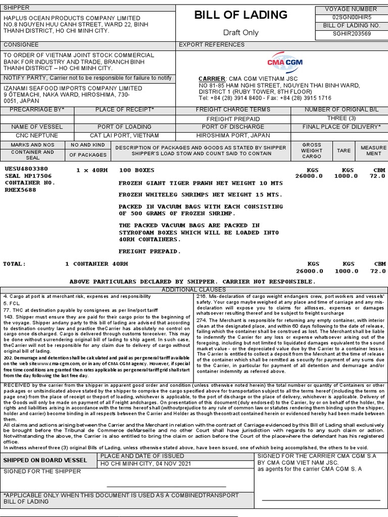 BL Draft PDF Cargo Bill Of Lading