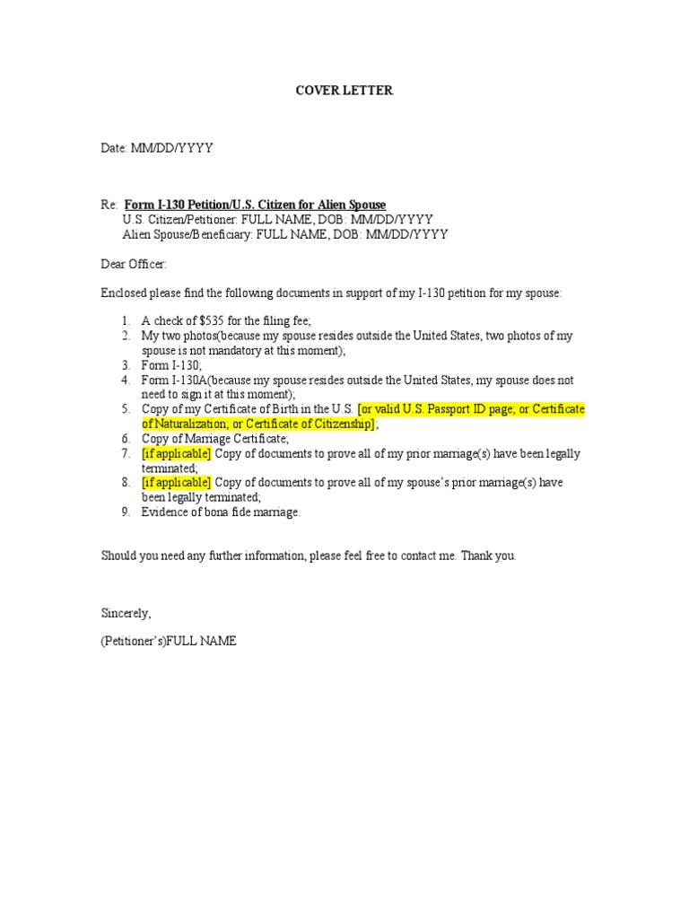 I-130 Petition Cover Letter Sample | PDF