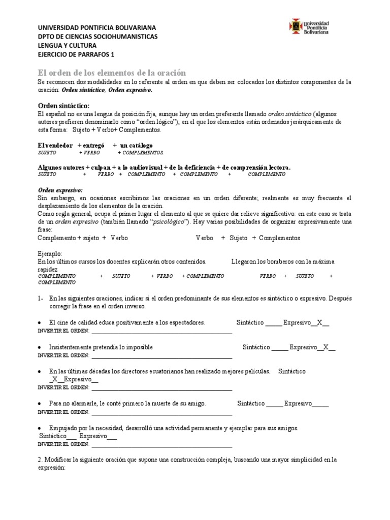 Taller Oraciones y Párrafos | PDF | Asunto (gramática) | Oración ...