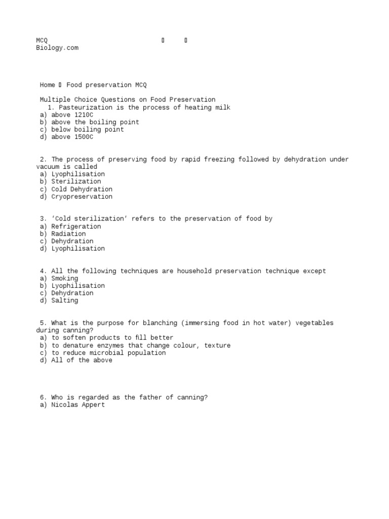 Multiple Choice Questions On Food PDF Food Preservation Life Sciences