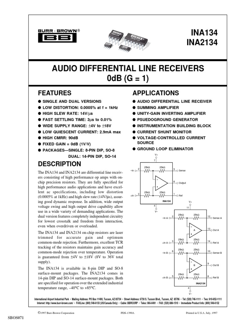 INA134 INA2134: Features Applications | PDF | Amplifier | Electrostatic ...