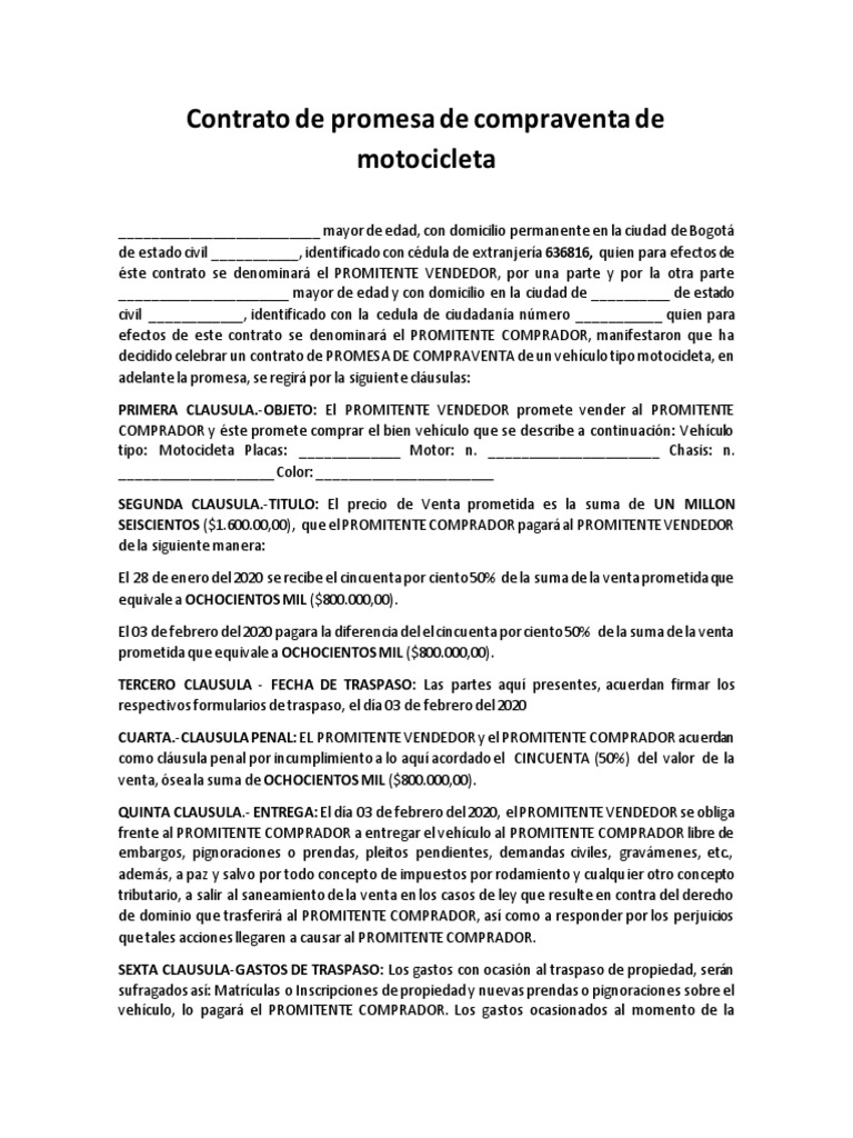 Contrato de Promesa de Compraventa de Motocicleta | PDF | Derecho civil ...