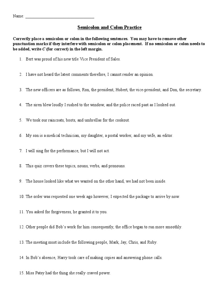 Semicolon Colon Practice Worksheet Intended For Semicolon And Colon Worksheet