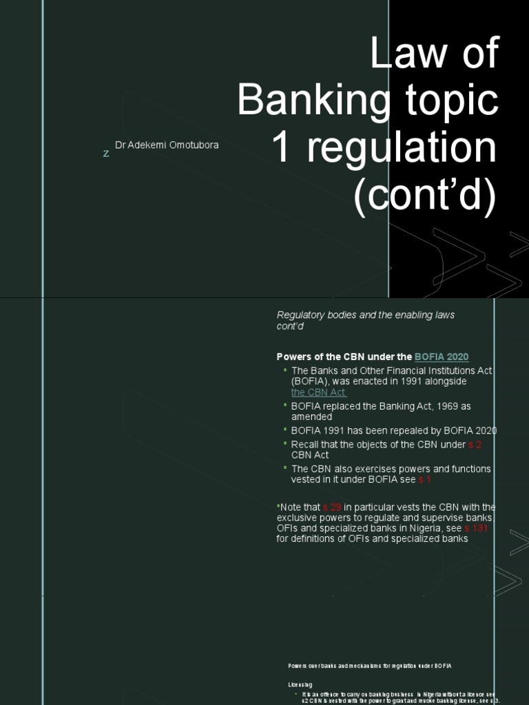 Law of Banking Topic 1 Regulation (Cont'd) DR Adekemi Omotubora PDF