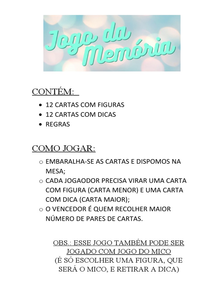 Regras Jogo Da Memória | PDF