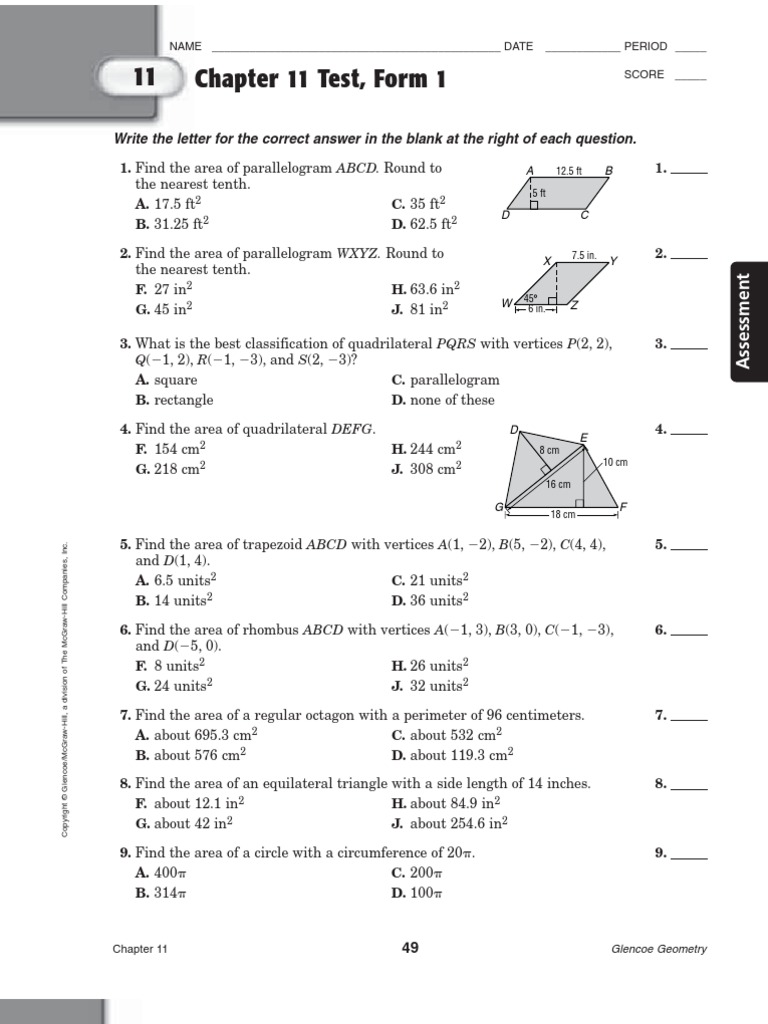 Chapter 11 Test, Form 1: Write The Letter For The Correct Answer in The  Blank at The Right of Each Question | PDF | Area | Rectangle