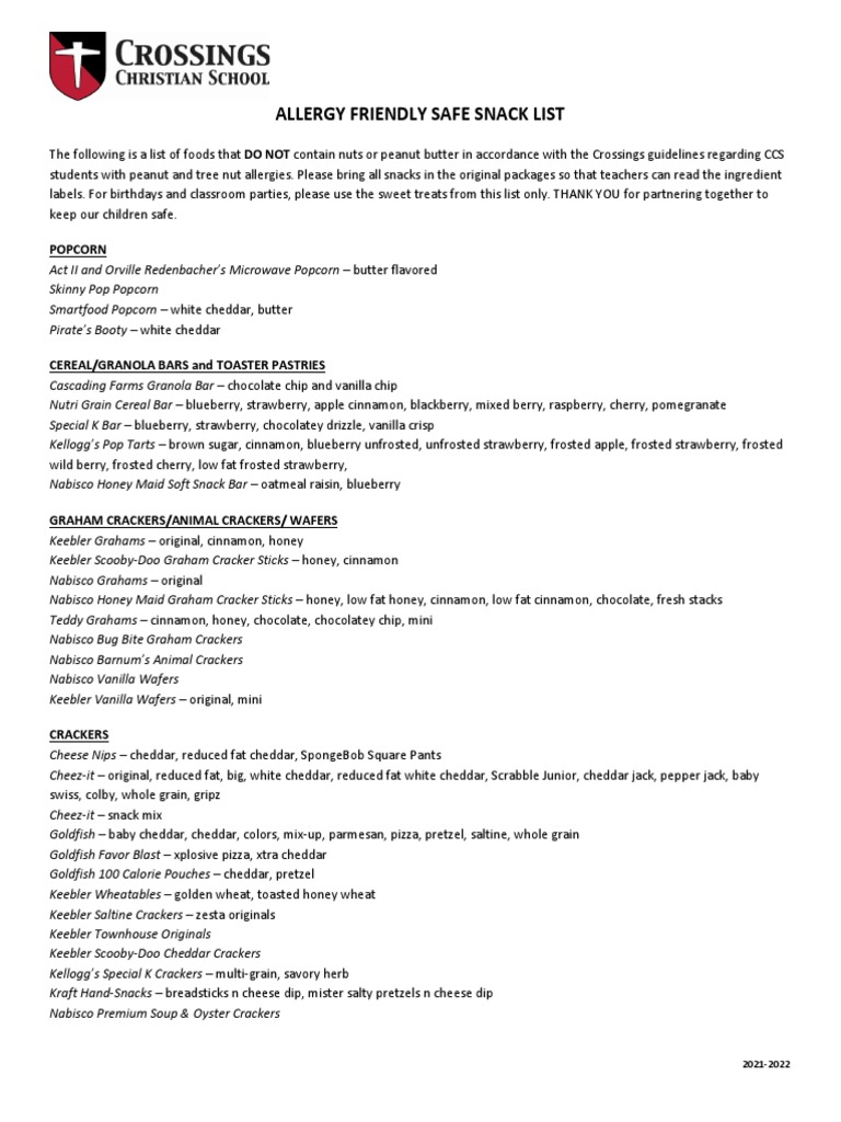 Safe Snack List 20212022 PDF Food Industry Snack Food