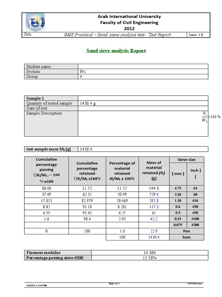 BMS Practical Sand Sieve Analysis TestTest Report PDF Nature